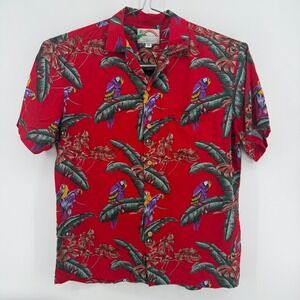 Paradise Found Hawaiian Shirt Men M Red Tropical Parrot Rayon Button Up Aloha